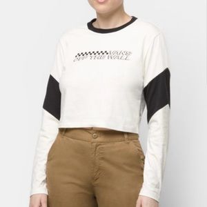 VANS Off The Wall Black White Cropped Rider Tri Crew Shirt Marshmallow- Large